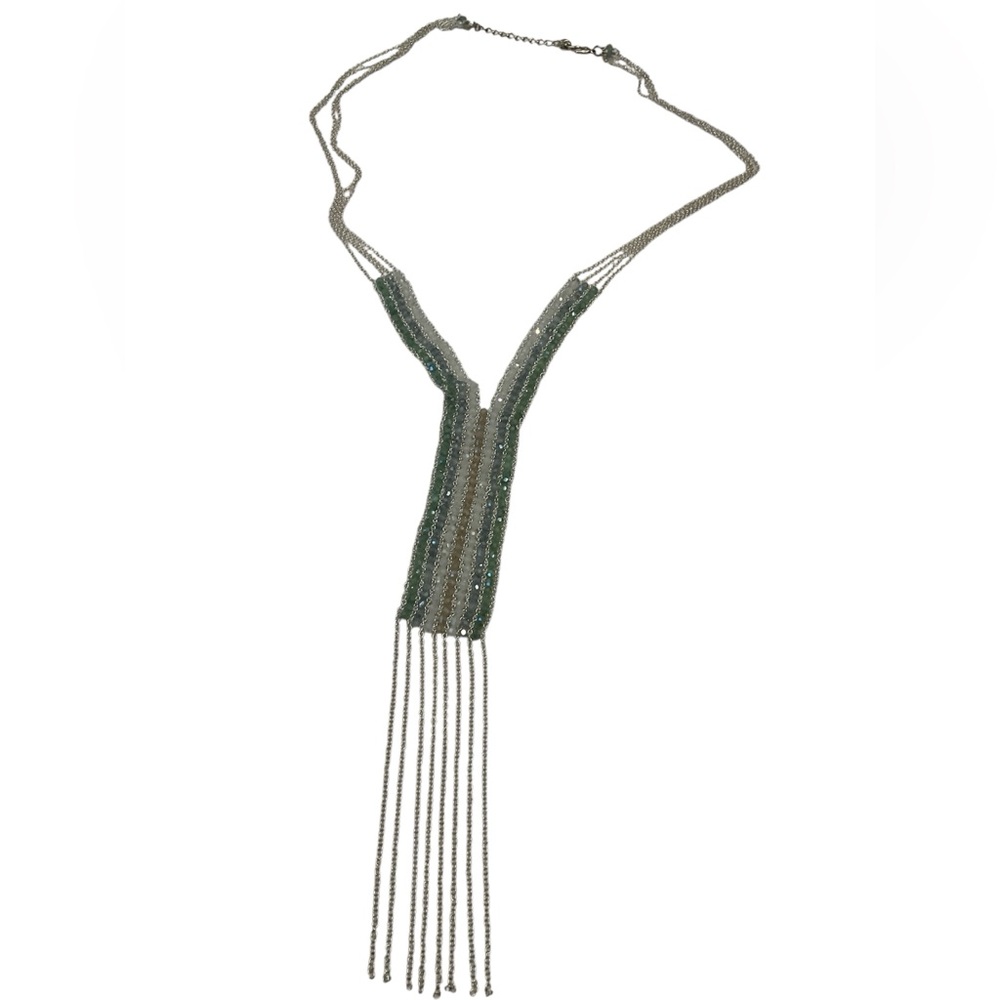 Long Nakamol Green Bead and Silver Chain Fringe Necklace, Excellent Condition